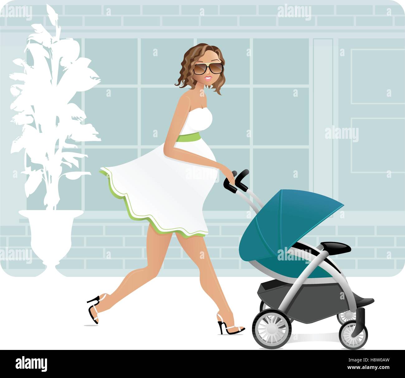 Une latina enceintes mère poussant une poussette de bébé moderne en face d'un magasin d'achats Illustration de Vecteur