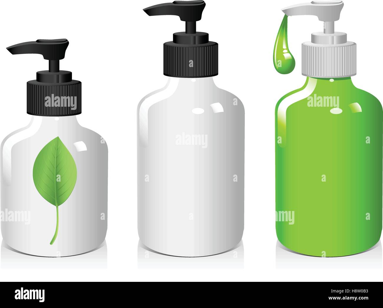 Bouteilles de lotion, différentes tailles, goutte liquide, le savon, l'intérieur des feuilles bio bouteille transparente Illustration de Vecteur