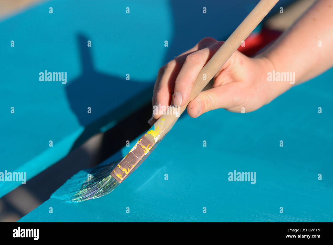 Peinture à la main l'agilité des plans avec le pinceau à l'extérieur dans le soleil pour un séchage rapide Banque D'Images