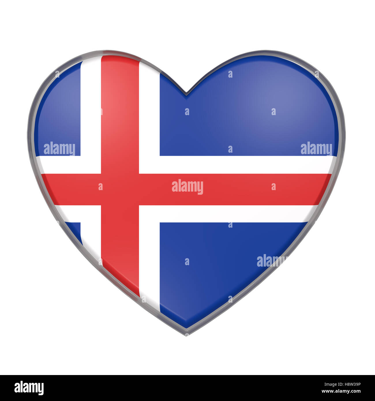 Le rendu 3D d'un drapeau de l'Islande sur un cœur. Fond blanc Banque D'Images