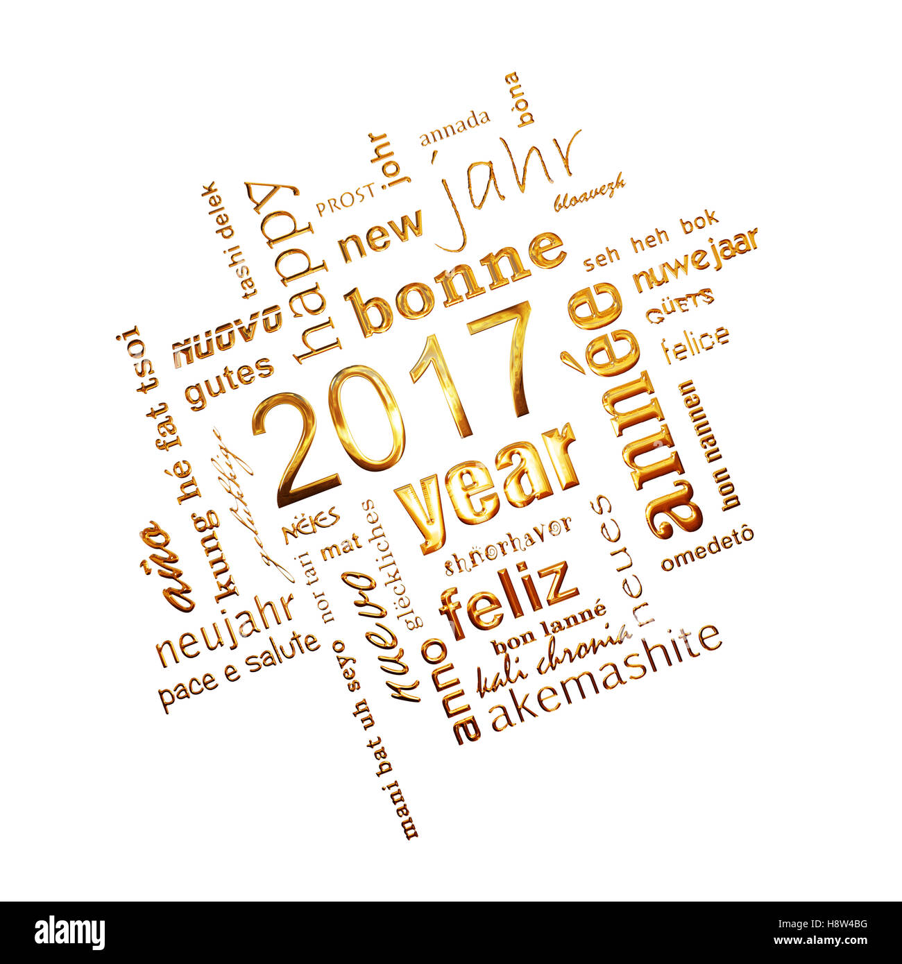 2017 Nouvelle année d'or nuage de mots de texte multilingue square carte de souhaits sur fond noir Banque D'Images