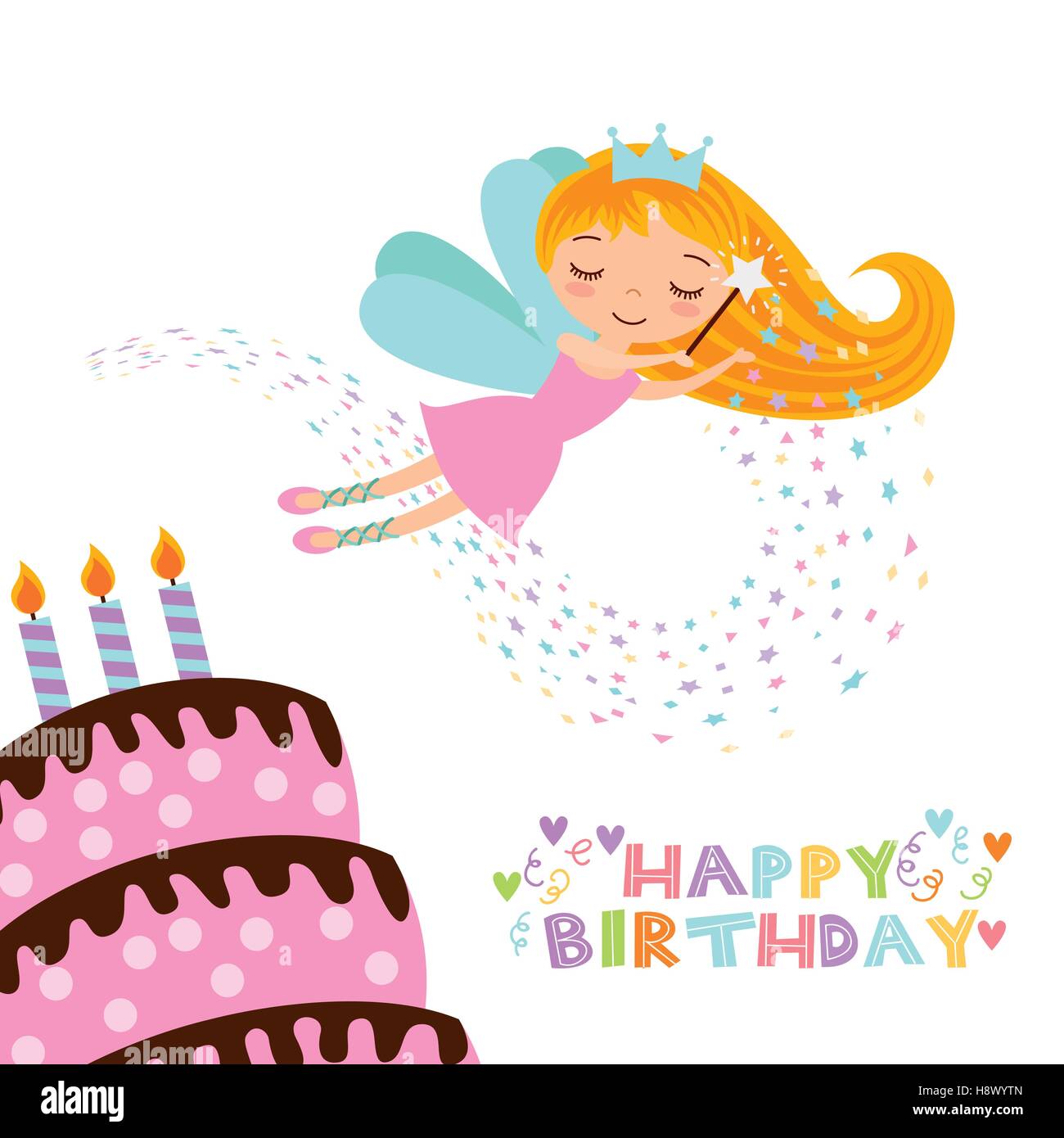 Joyeux Anniversaire Carte Avec Cute Fairy Girl Et Gateau Avec Des Bougies Icone Sur Fond Blanc Design Colore Vector Illustration Image Vectorielle Stock Alamy