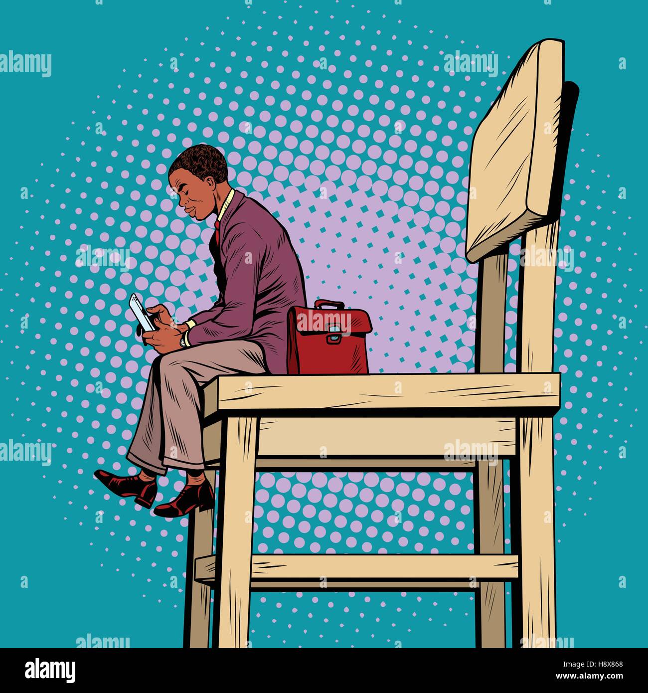 Petit homme d'affaires sur le grand fauteuil, et smartphone Illustration de Vecteur