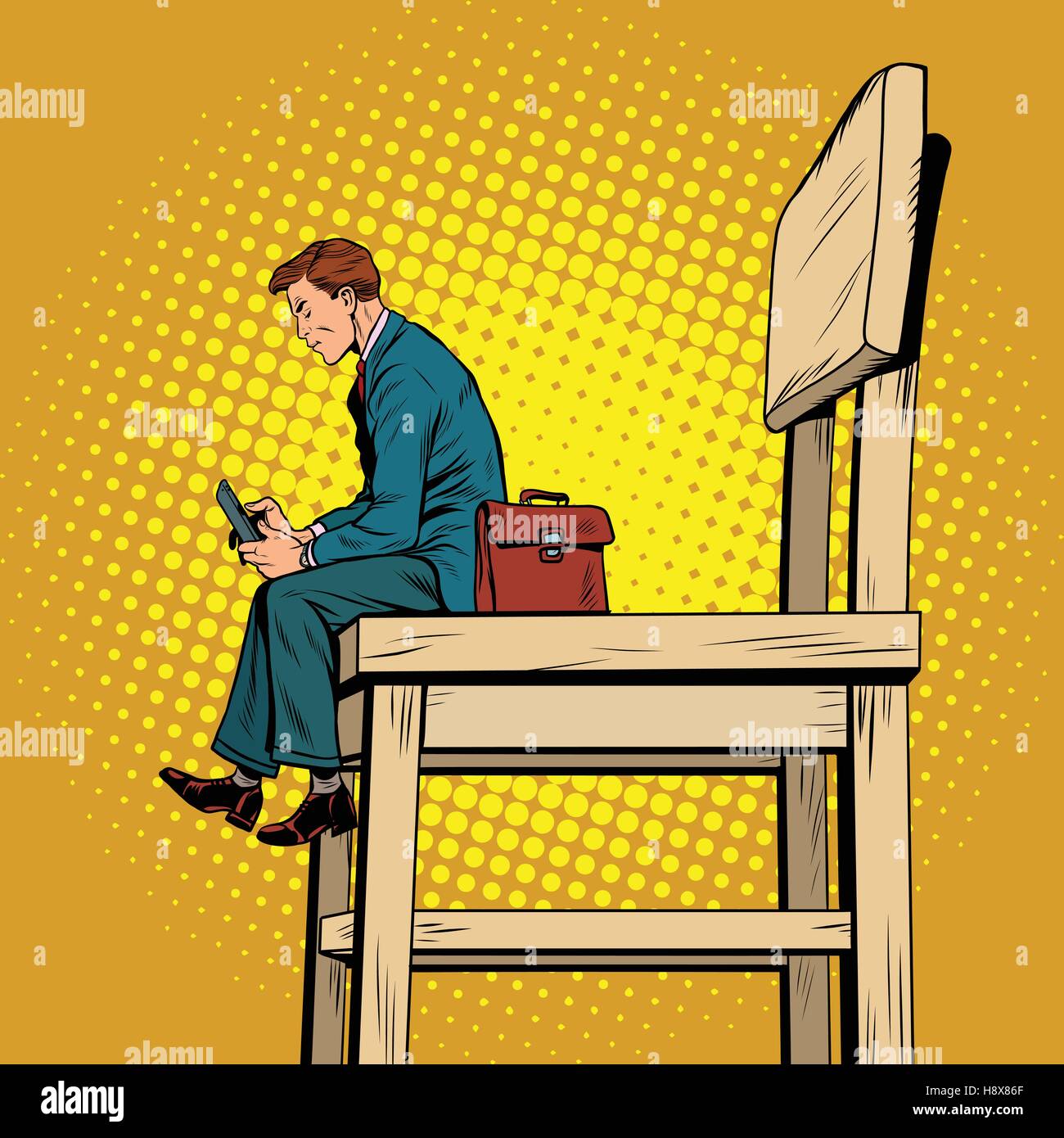 Petit homme d'affaires sur le grand fauteuil, et smartphone Illustration de Vecteur