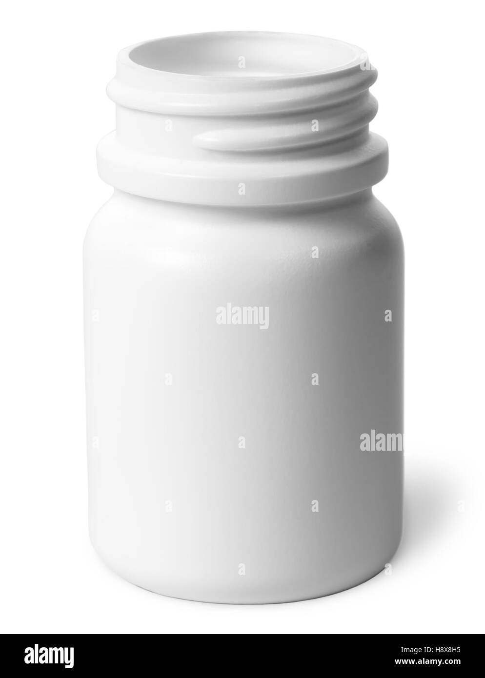 Seule bouteille de pilules en plastique sans couvercle isolé sur fond blanc Banque D'Images