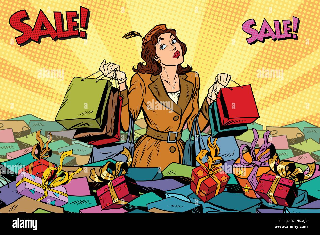 Woman with shopping dans une mer de ventes Illustration de Vecteur