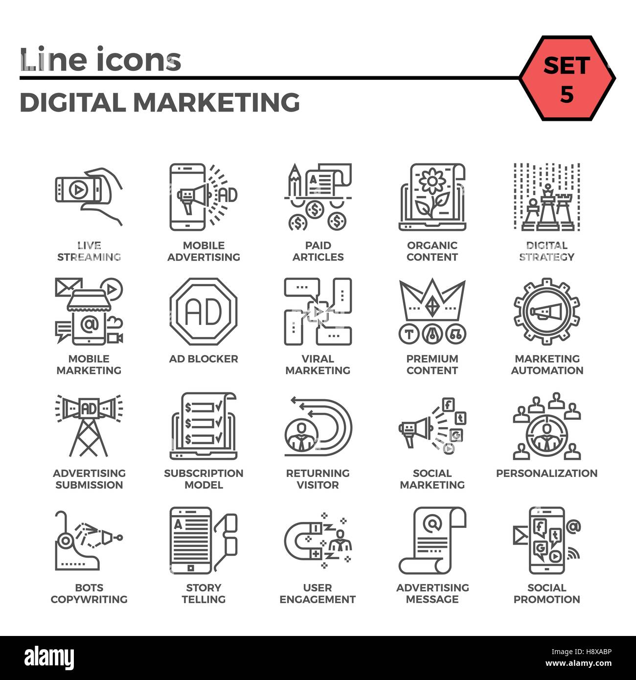 Marketing numérique Fine Ligne Related Icons Set sur fond blanc. Pictogramme linéaire mono simple course Pack Logo Vector Concept pour les graphiques Web. Illustration de Vecteur