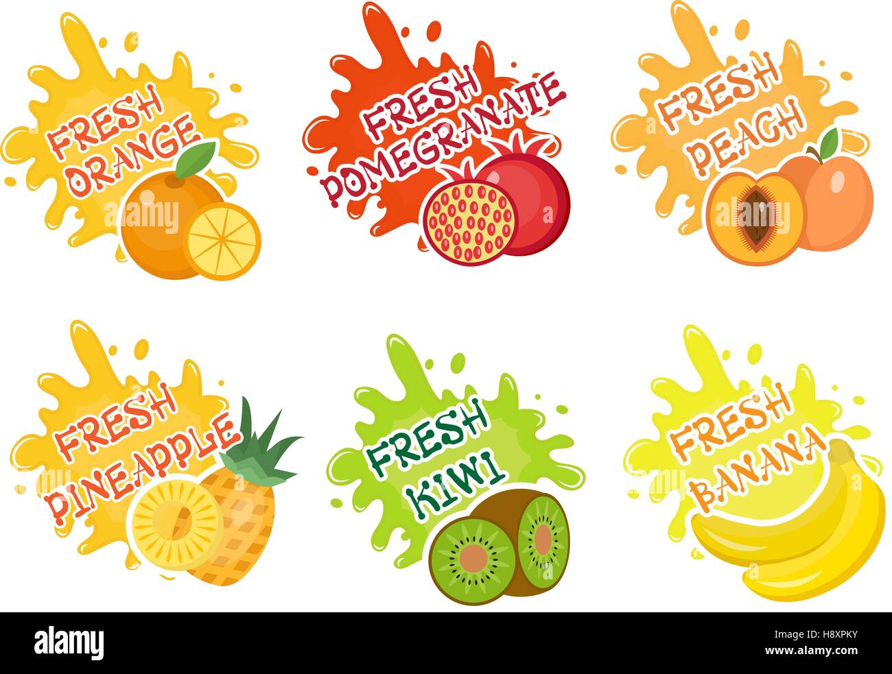 Fruits splash jeu d'étiquettes. Gouttes Fruit splashes, lent et blot collection. Vector illustration Illustration de Vecteur