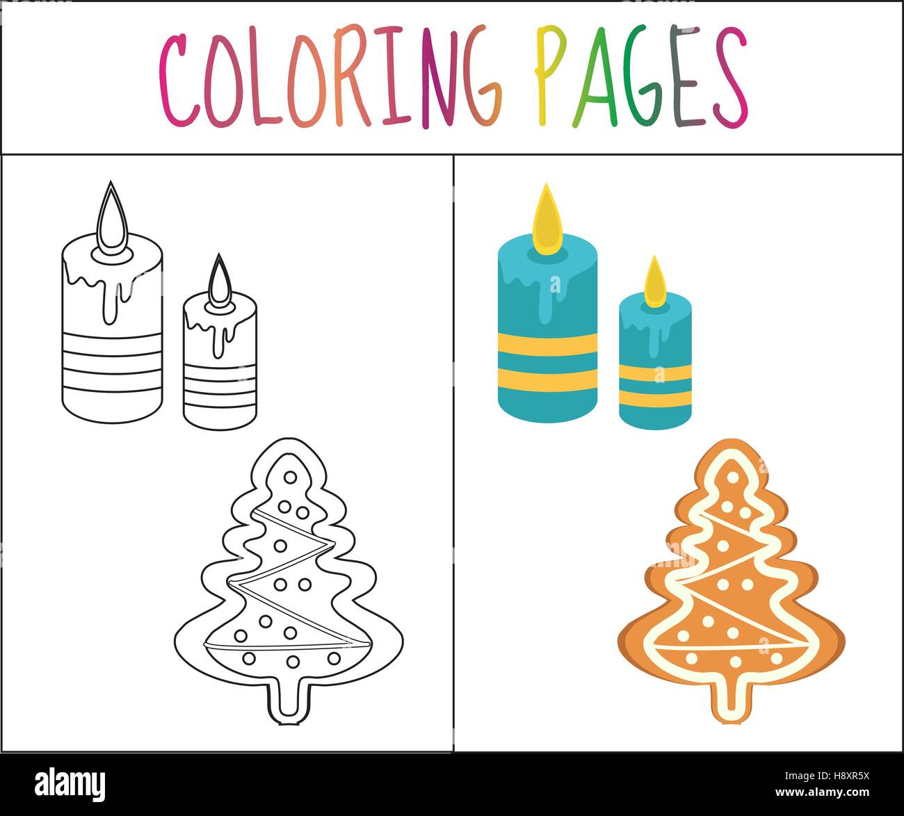 Page de livre de coloriage. D'épice et des bougies de Noël. Sketch version couleur. pour les 