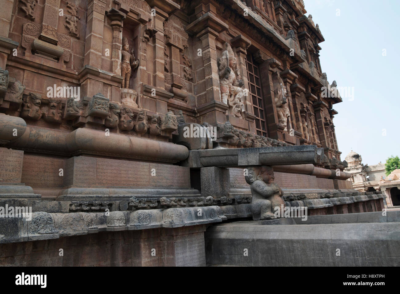 Des niches et des sculptures, mur nord, Temple de Brihadisvara, Tanjore, Tamil Nadu, Inde. Banque D'Images