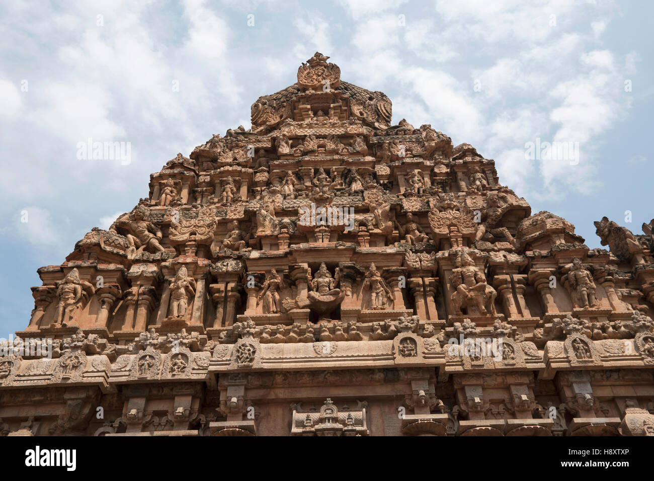 Sur les sculptures, Gopura Subrahmanyam culte, Temple de Brihadisvara complexe, Tanjore, Tamil Nadu, Inde. Banque D'Images