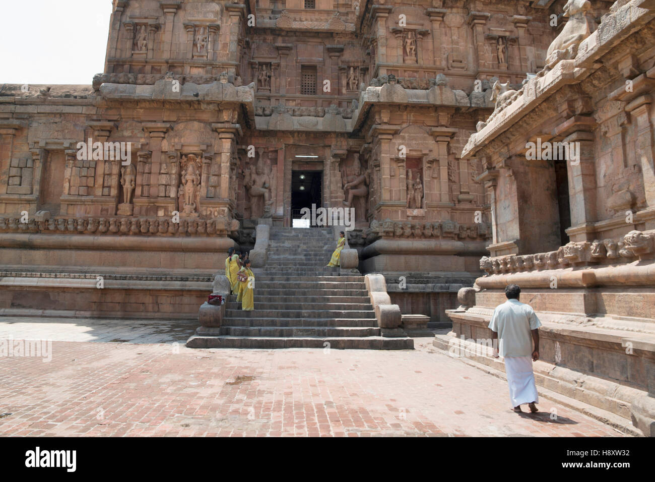 Volée de marches menant à l'entrée du Nord, Temple de Brihadisvara, Tanjore, Tamil Nadu, Inde. Banque D'Images