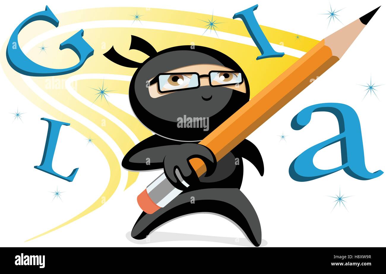 L'écrivain Ninja holding pencil en faisant des lettres magiques Illustration de Vecteur