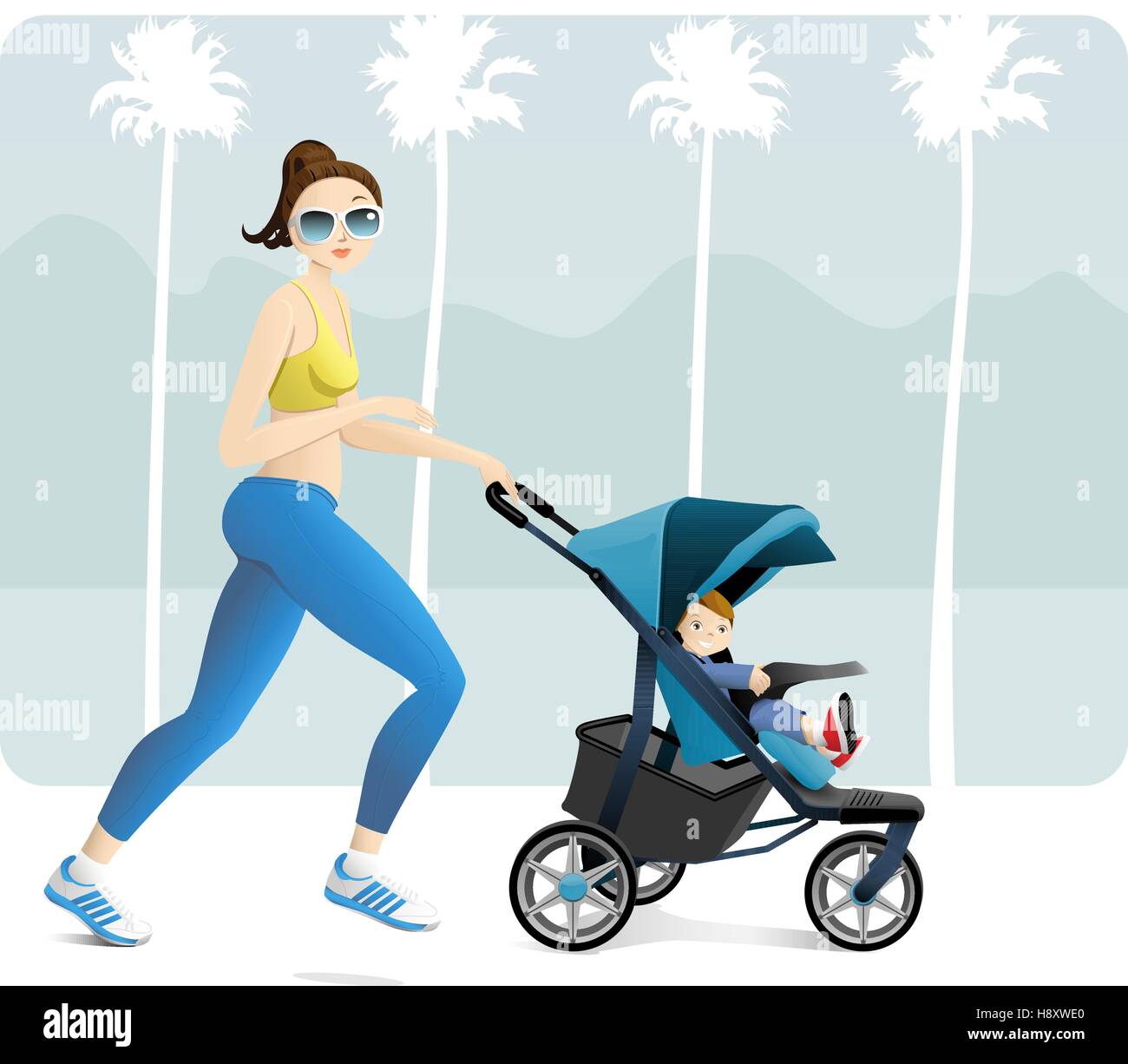 Jeune mère jogging avec tout-petit dans une poussette Illustration de Vecteur