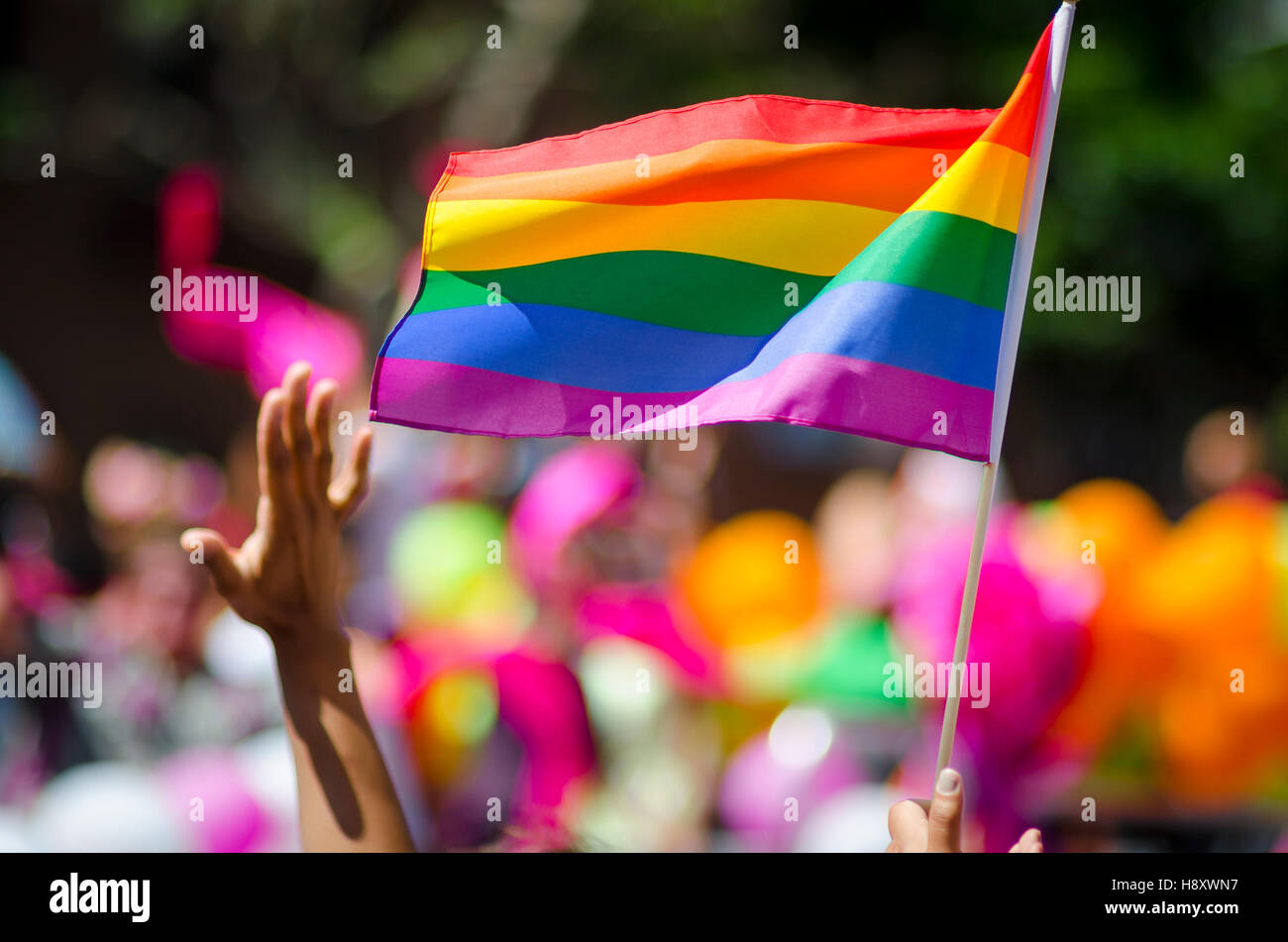 Une main d'appui dans les vagues avant d'un drapeau arc-en-ciel en marge d'une gay pride parade d'été Banque D'Images