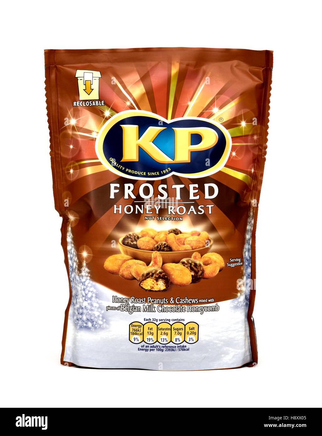 Détail d'un pack givré KP nuts festive grillé au miel. Banque D'Images