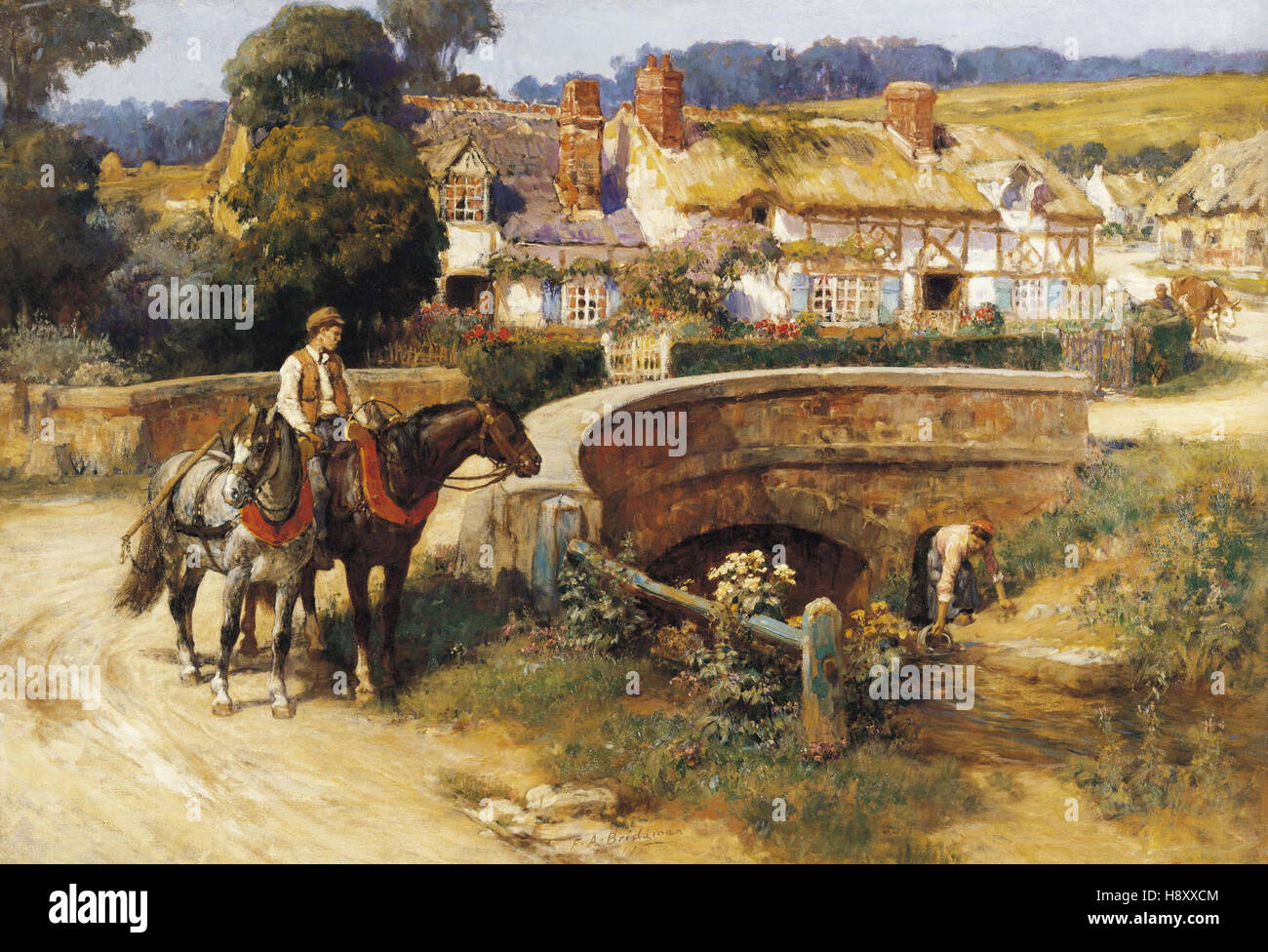 Frederick Arthur Bridgman Sunlit Cottages by the Bridge Banque D'Images