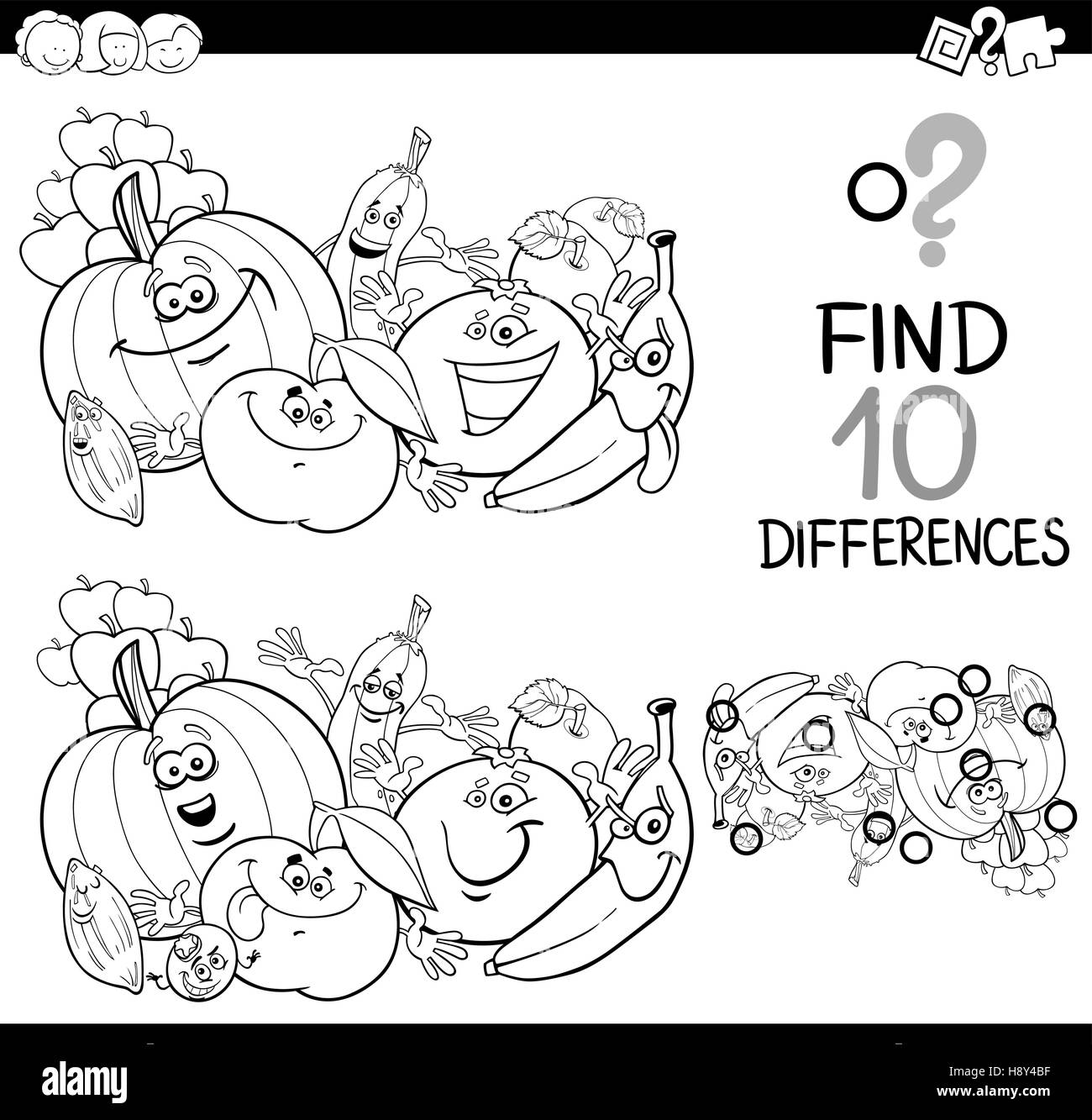 Illustration Cartoon noir et blanc de trouver plus de détails activité éducative pour les enfants ayant des caractères des fruits et légumes Co Illustration de Vecteur