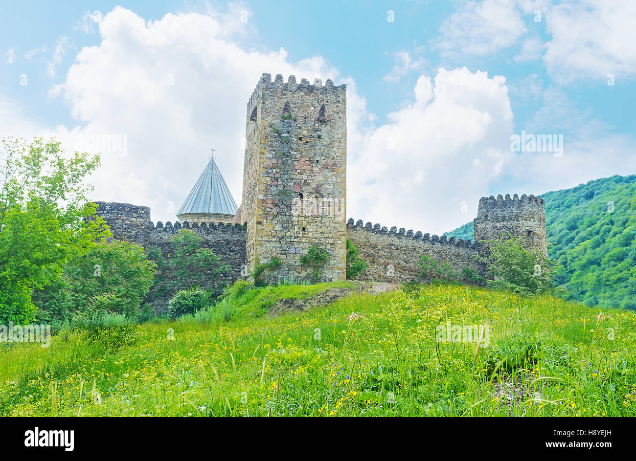 Les énormes tours de forteresse Ananuri regardez la route militaire géorgienne, Mtskheta-Mtianeti, Géorgie. Banque D'Images