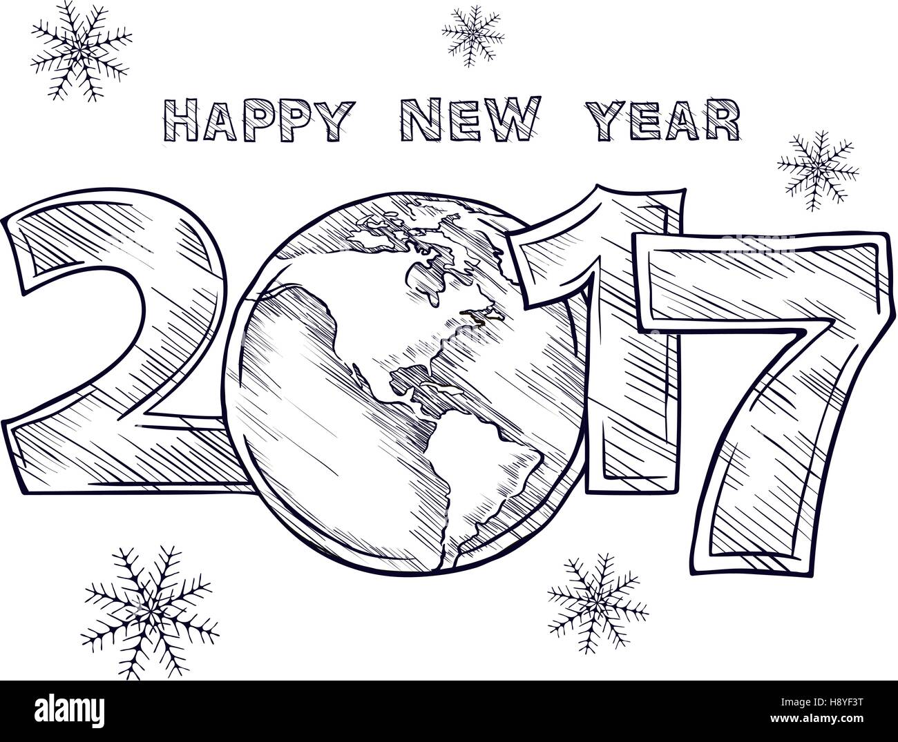 Bonne Année 2017 croquis. Schéma d'encombrement du globe. La planète Terre. Calendrier design typographie vector illustration sur un fond blanc. Illustration de Vecteur