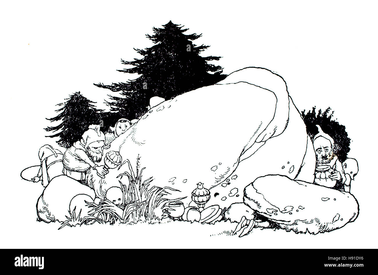 Où ils gardent toujours l'or. Children's Book Illustration par William Heath Robinson, à partir de 1934 Livre de gobelins, le Magic Pot et Magic Ball Banque D'Images