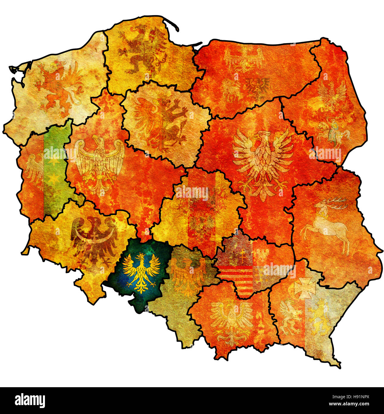 Opolskie région sur la carte de l'administration de la pologne avec pavillon d'autres provinces polonaises Banque D'Images