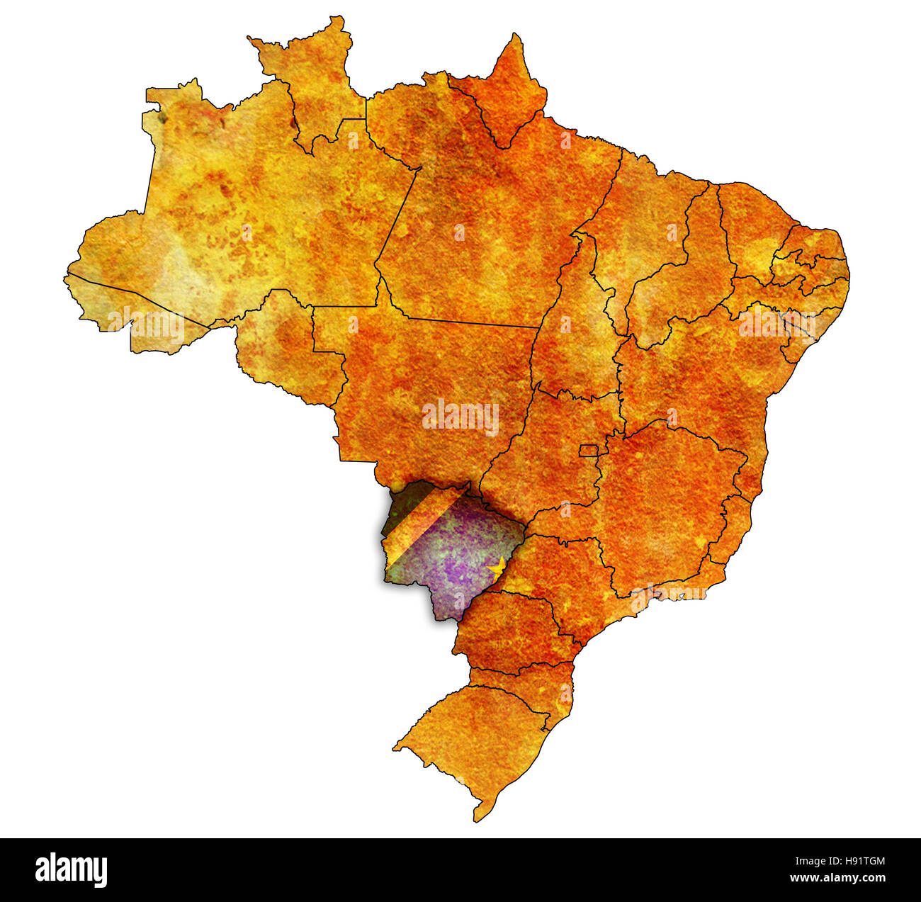 L'état du Mato Grosso do Sul sur l'admistration carte du Brésil avec des drapeaux Banque D'Images