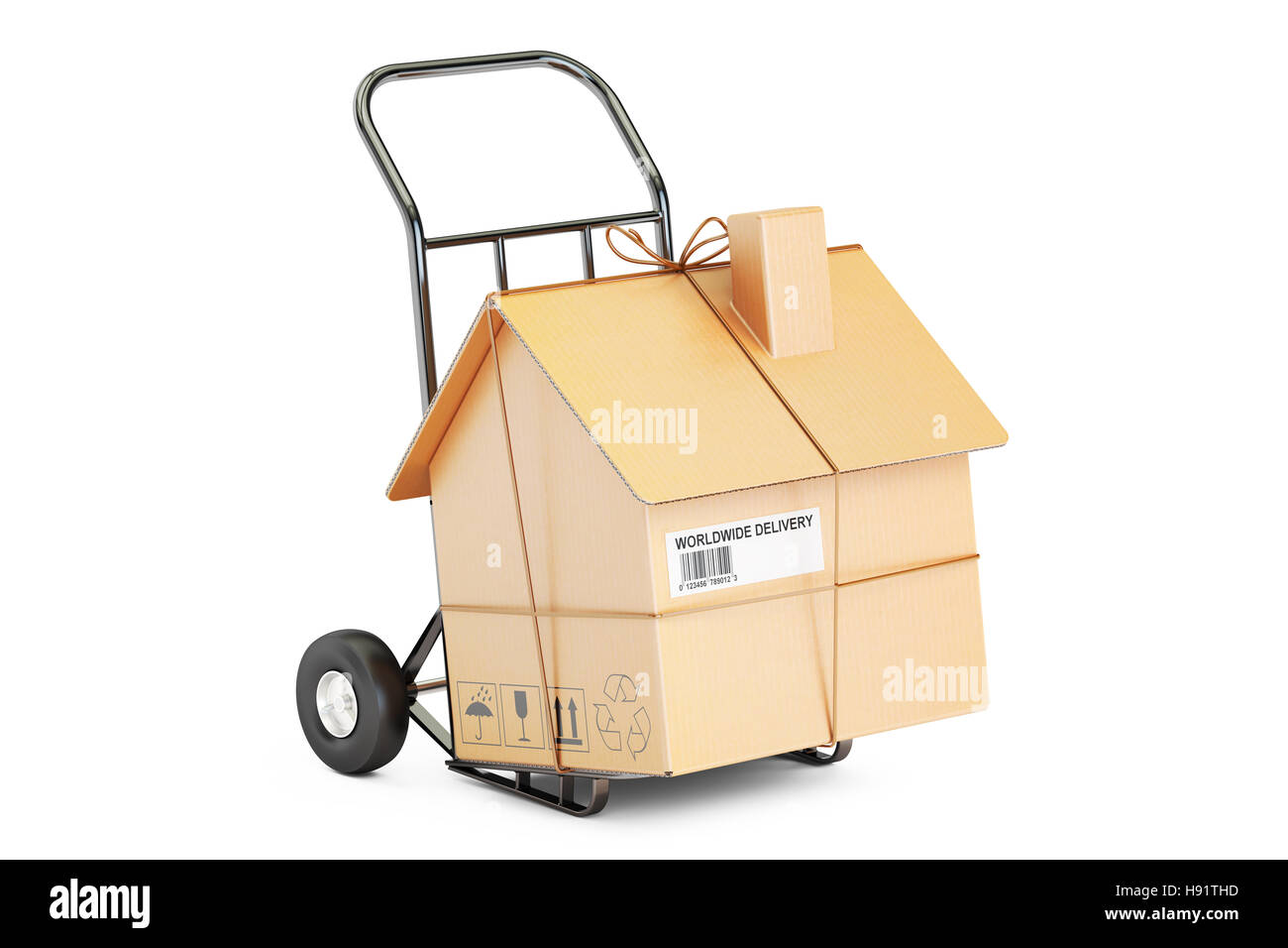 Services à la personne déménagement concept. Camion de main avec maison en carton colis, rendu 3D Banque D'Images