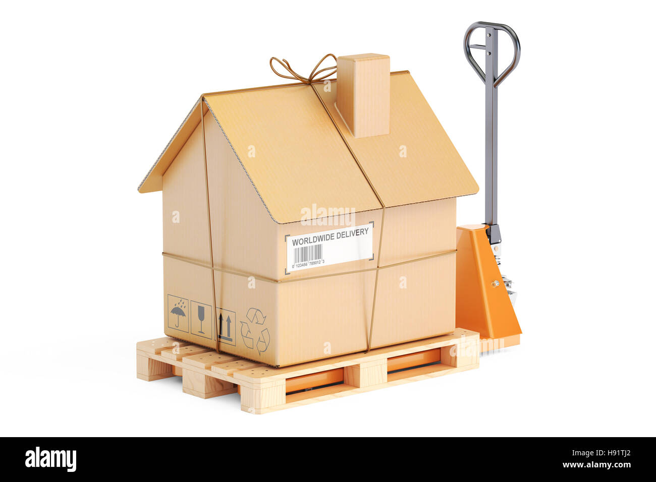 Déménagement Résidentiel concept. Transpalette hydraulique avec maison en carton parcel, rendu 3D Banque D'Images
