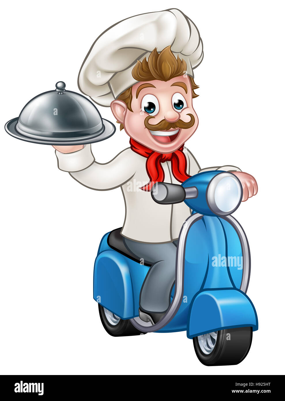 Chef ou cuisinier Cartoon character équitation un cyclomoteur moto scooter offrant une cloche d'argent repas alimentaire bac plateau plaque Banque D'Images