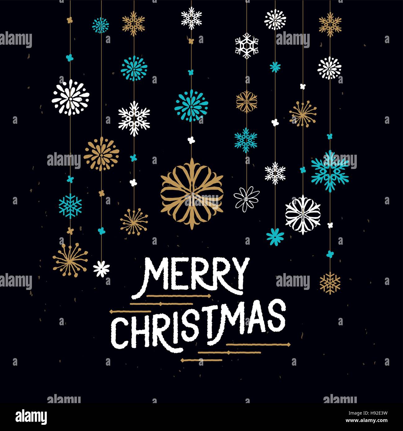 Joyeux Noël décorations. Hanging snowflakes et joyeux noël signe. Vector illustration. Illustration de Vecteur