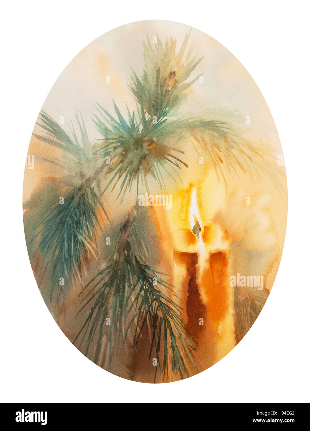 Aquarelle illustration isolé d'arbre de Noël, décorée avec des bougies, Nouvel An, fête de Noël Banque D'Images
