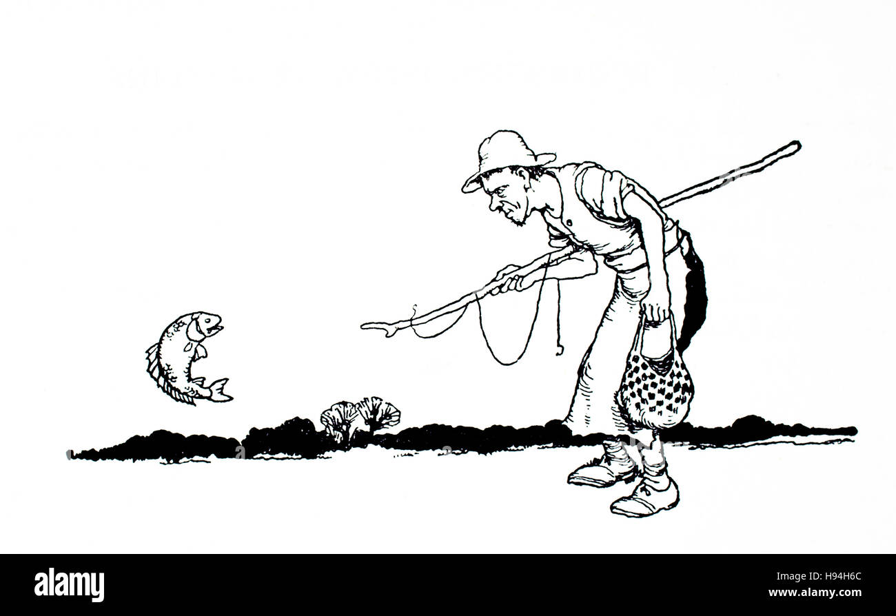 Le poisson s'écria 'Take me home', Children's Book Illustration par William Heath Robinson, à partir de 1934 Livre de gobelins, le cordonnier deux fils Banque D'Images