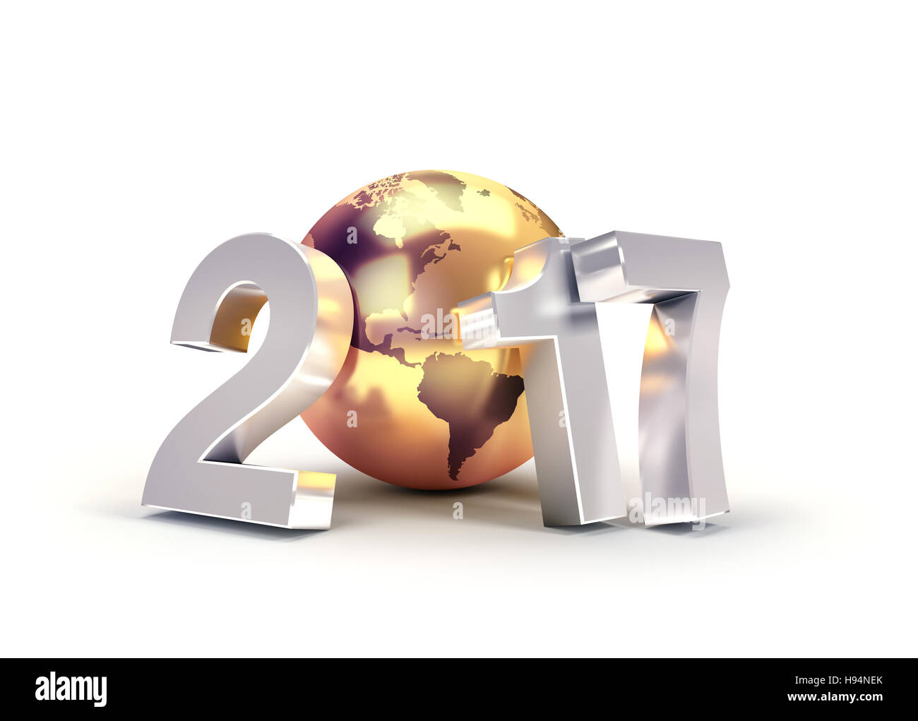 2017 Nouvelle année type composé d'un golden planète terre, isolé sur blanc - 3D illustration Banque D'Images