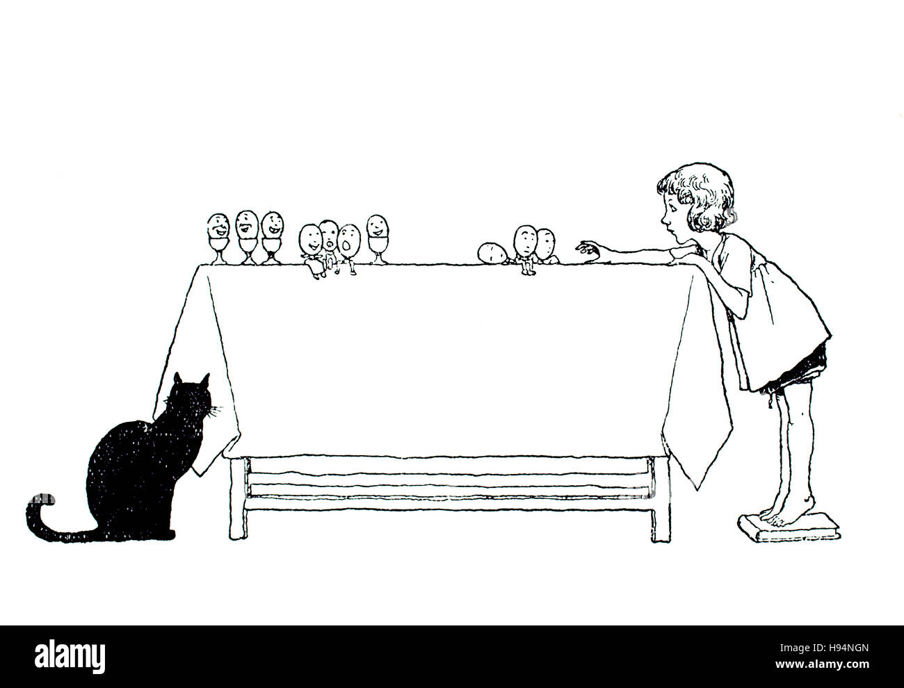 Pour atteindre l'enfant oeuf sur table du petit déjeuner, Children's Book Illustration par William Heath Robinson, à partir de 1934 Livre de gobelins, les trois oeufs Banque D'Images