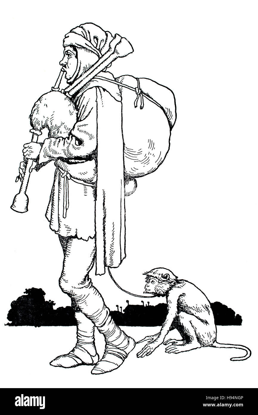 Joueur de cornemuse itinérant avec monkey, Children's Book Illustration par William Heath Robinson, à partir de 1934 Livre de gobelins, Hans avec la cornemuse Banque D'Images