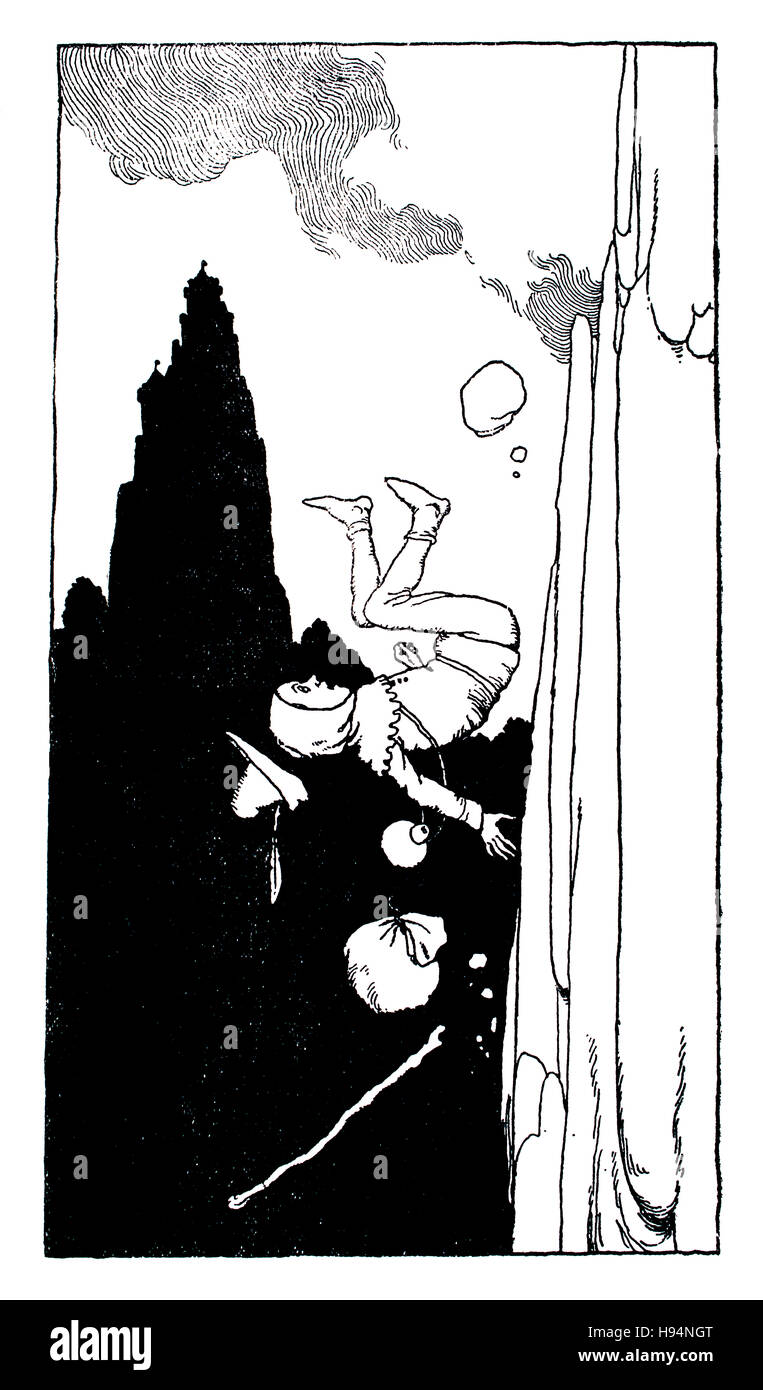 Hans a essayé d'escalader la montagne, Children's Book Illustration par William Heath Robinson, à partir de 1934 Livre de gobelins Banque D'Images