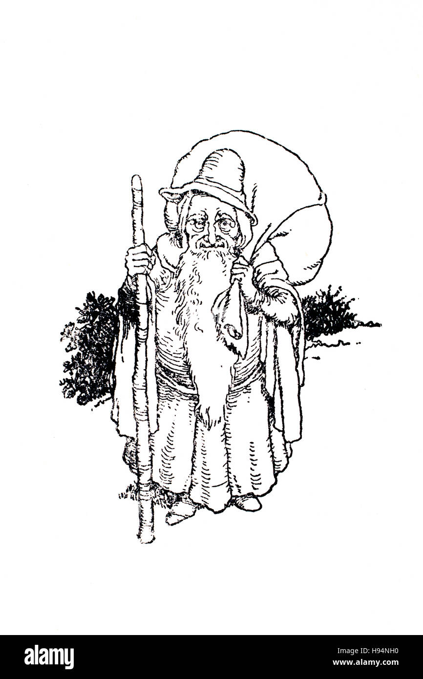 Goblin barbu sur route avec le personnel et pack, Children's Book Illustration par William Heath Robinson, à partir de 1934 Livre de gobelins, le nain livré Banque D'Images