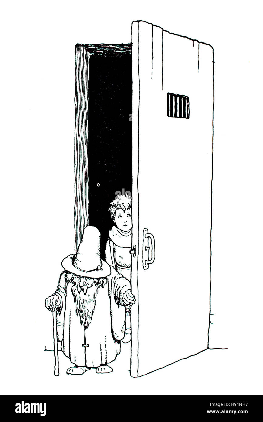 Soudain, à travers une porte et ils sont en plein air, Children's Book Illustration par William Heath Robinson, à partir de 1934 Livre de gobelins, ils dansent à la Banque D'Images