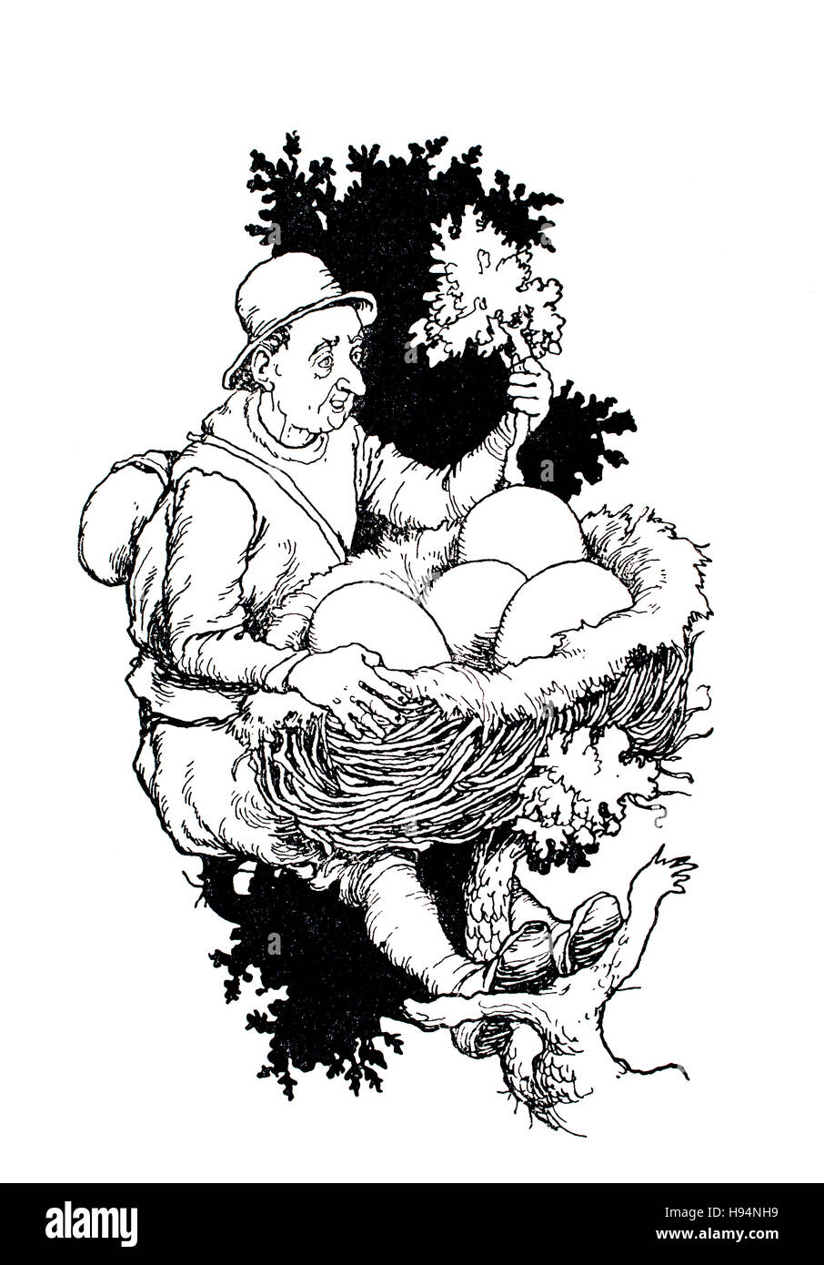 Il a trouvé quelques oeufs gigantesques dans le nid, Children's Book Illustration par William Heath Robinson, à partir de 1934, le livre de gobelins treize frères Banque D'Images