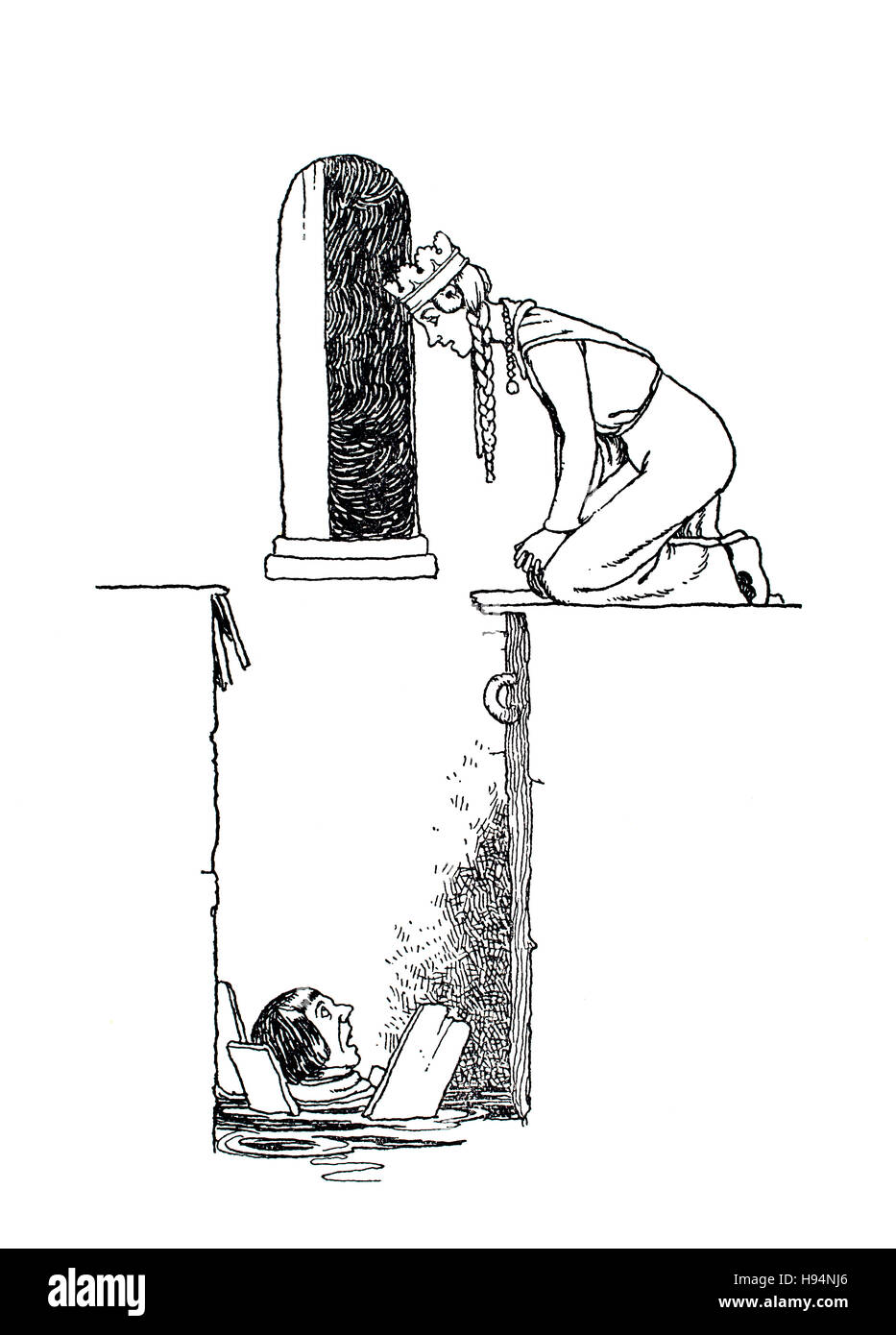 Celui qui voudrait passer sur elle tomba, Children's Book Illustration par William Heath Robinson, à partir de 1934 Livre de gobelins, oiseaux neuf Banque D'Images