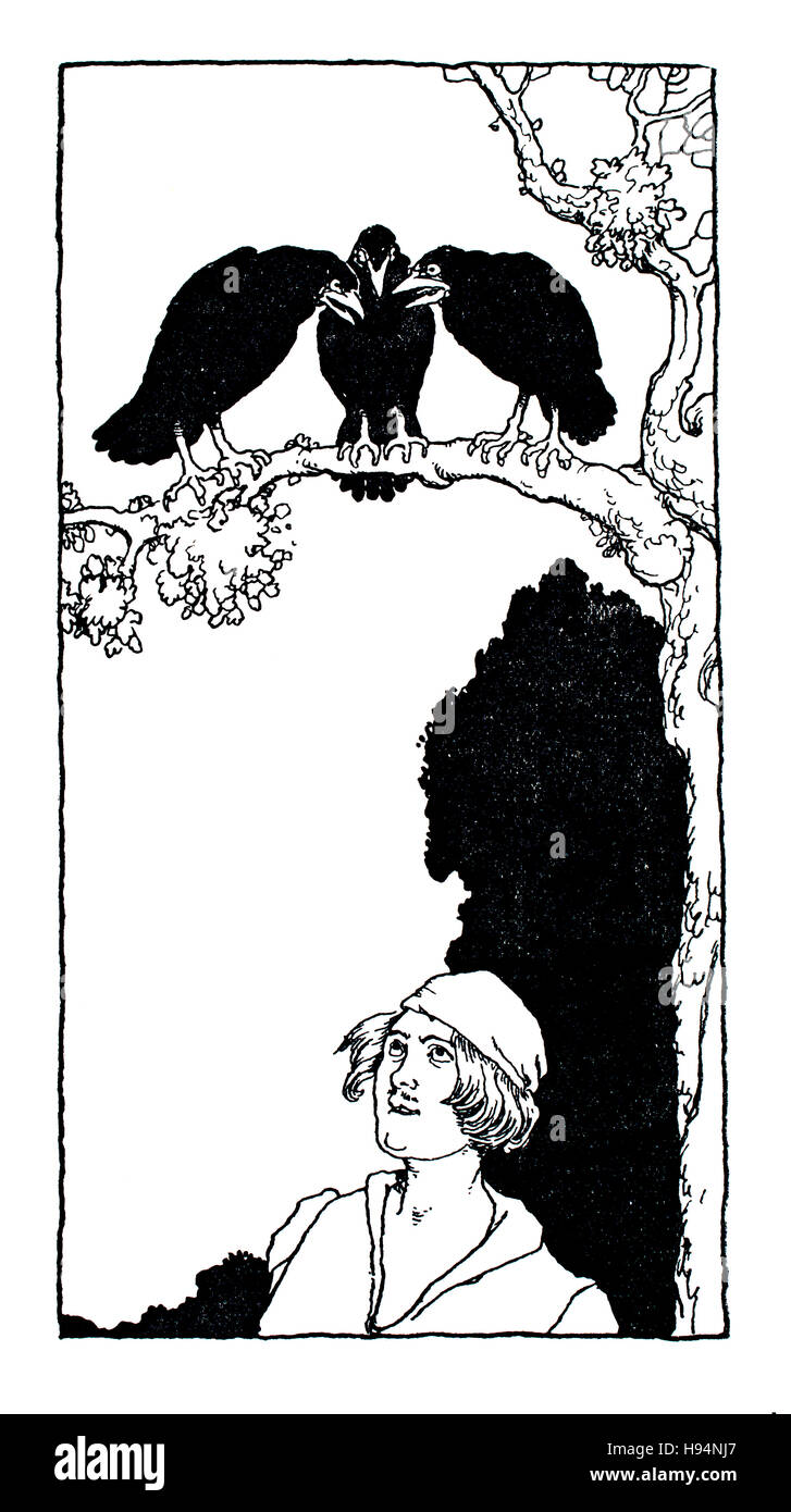 Il a vu trois corbeaux, Children's Book Illustration par William Heath Robinson, à partir de 1934 Livre de gobelins, Hans Devine devinettes Banque D'Images