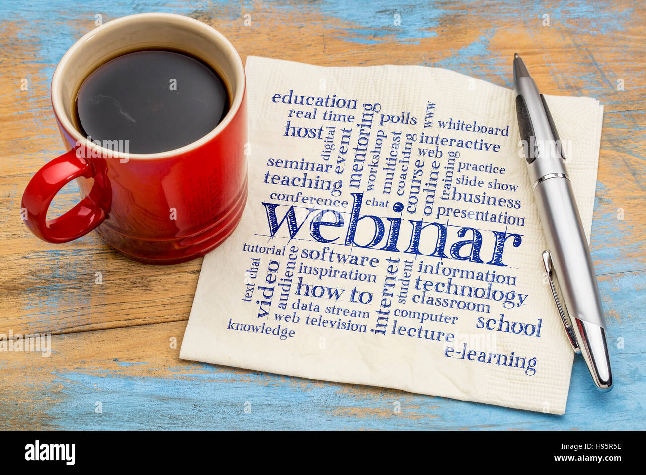 Séminaire Web (Webinar) Nuage de mots - écriture sur une serviette avec une tasse de café Banque D'Images