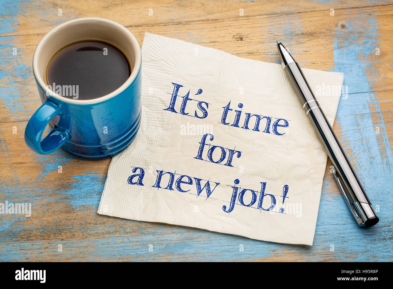 Il est temps pour un nouvel emploi - écriture sur une serviette avec une tasse de café expresso Banque D'Images