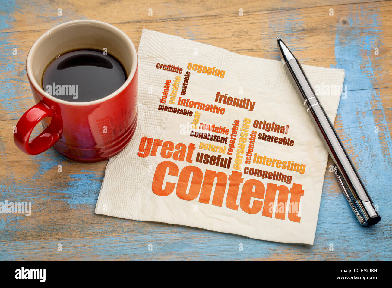 L'écriture d'affaires et le contenu du concept de commercialisation - grand nuage de mots de contenu sur une serviette avec une tasse de café Banque D'Images