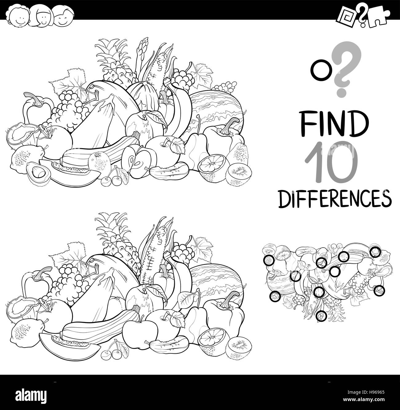 Illustration Cartoon noir et blanc de trouver plus de détails activité éducative pour les enfants avec des fruits et légumes à colorier Illustration de Vecteur
