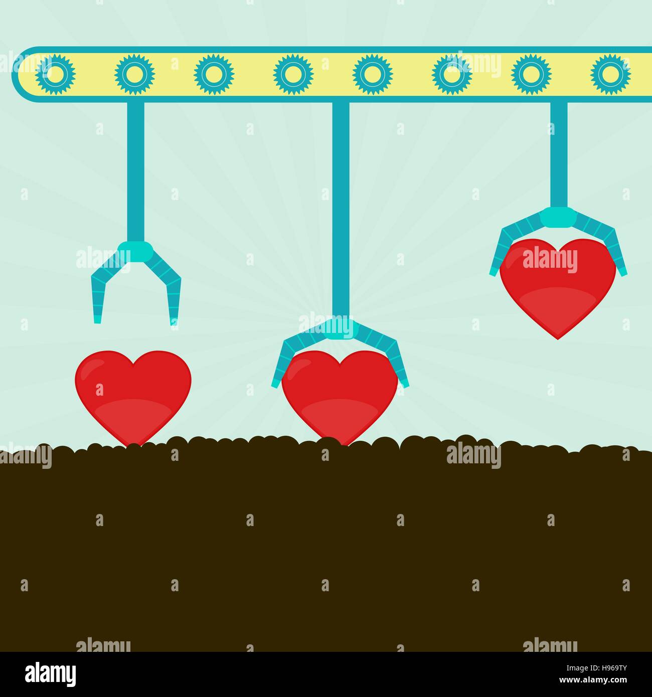 Automatique (convoyeur) avec pinces, exerçant son activité sous forme de coeurs sur le sol. Métaphore de série. Concept. Illustration de Vecteur