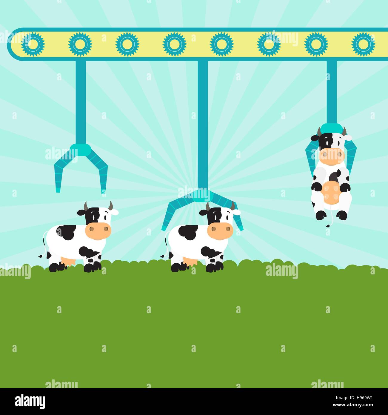 Automatique (convoyeur) avec pinces, transportant des vaches au pâturage. La production en série. Concept. Illustration de Vecteur