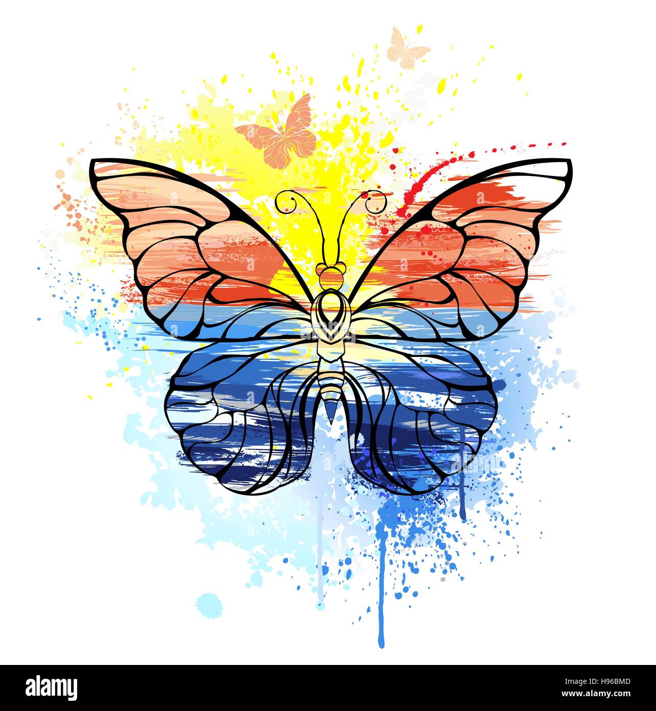 Papillon contour peint avec peinture lumineuse, la mer, le coucher du soleil. L'idée inhabituelle. Illustration de Vecteur