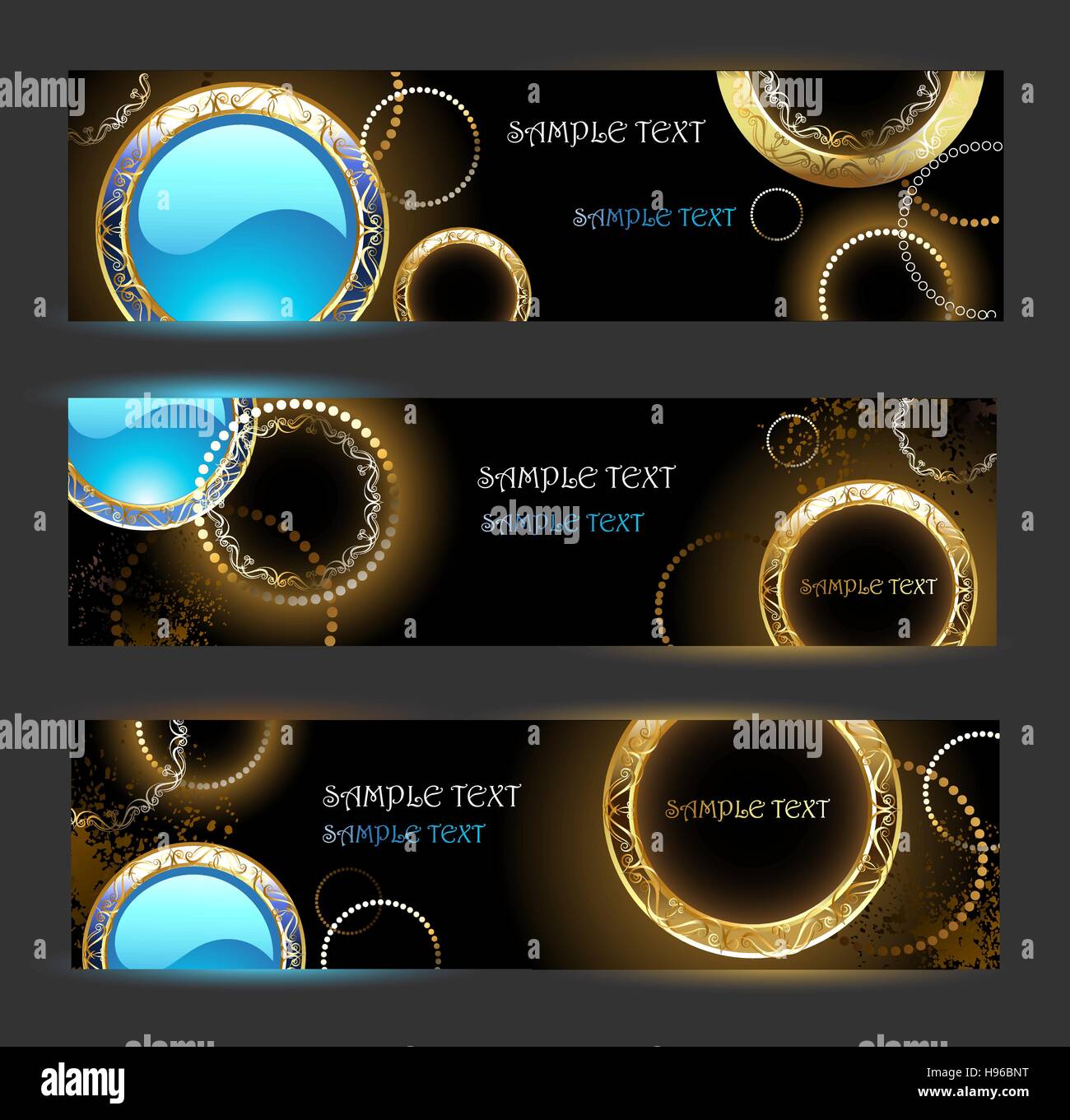 Bannière avec anneaux dorés et les cercles en verre turquoise sur fond noir Illustration de Vecteur